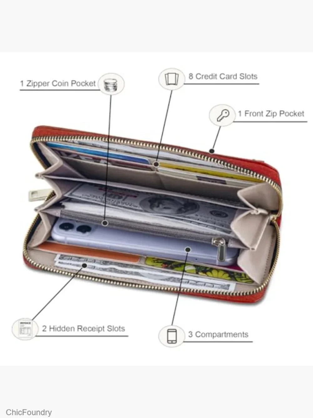 PU Leather Zip Around Wristlet Wallet with Detachable Strap Large Capacity